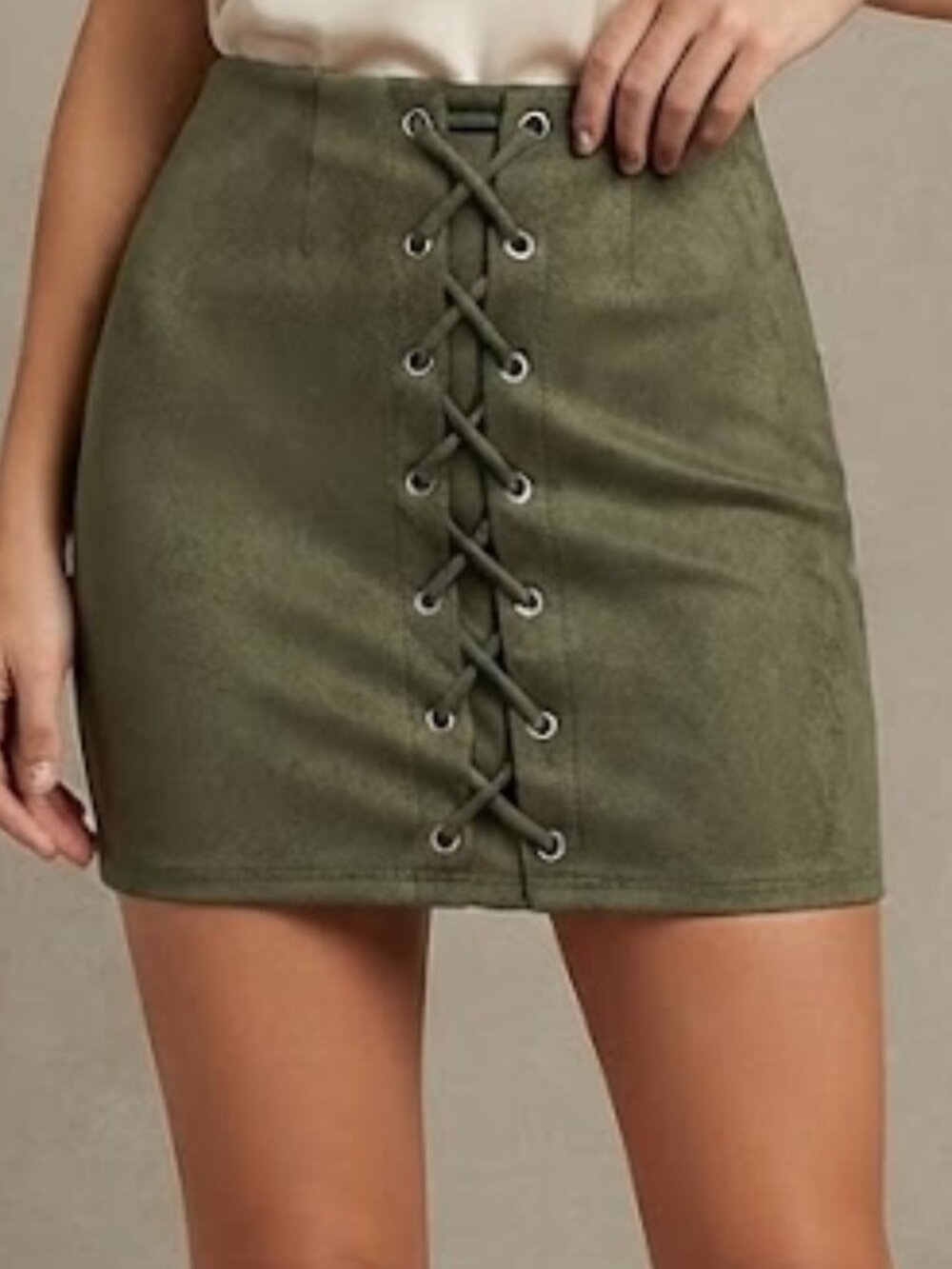 Windsor Women's Olive Faux Suede Lace-Up Mini Skirt Polyester Spandex Size M